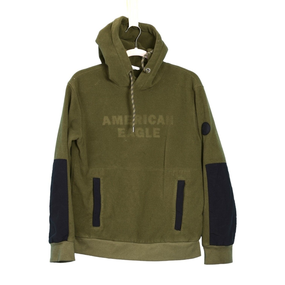 American Eagle Women's Size Small Olive Sherpa Hoodie Long Sleeve Patches EUC